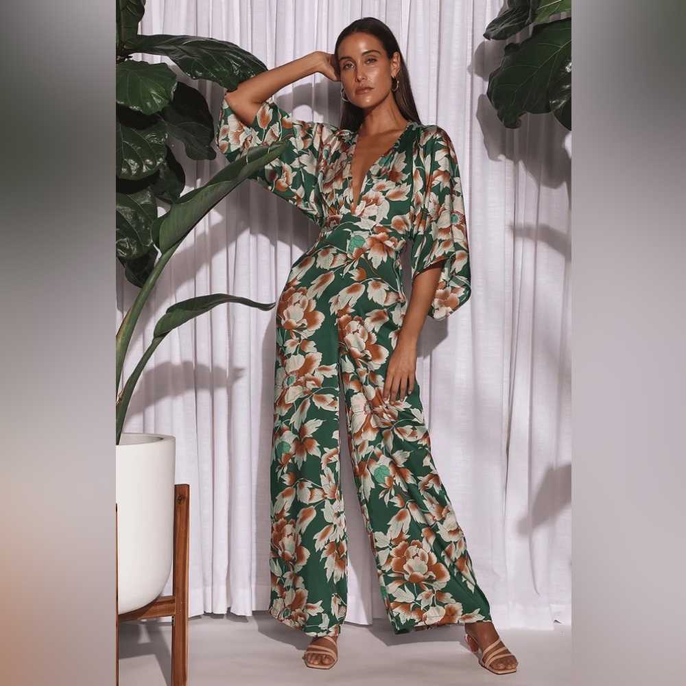 From Sunrise Teal Floral Print Bell Sleeve Wide-Leg Jumpsuit size small